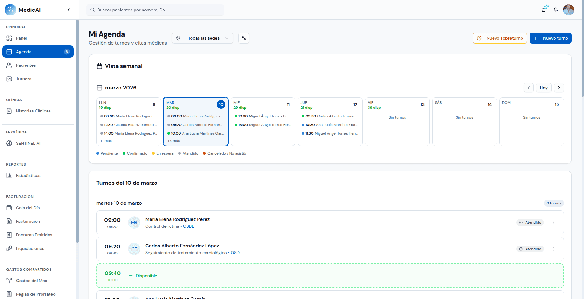Agenda semanal de MedicAI con turnos organizados por hora y estado